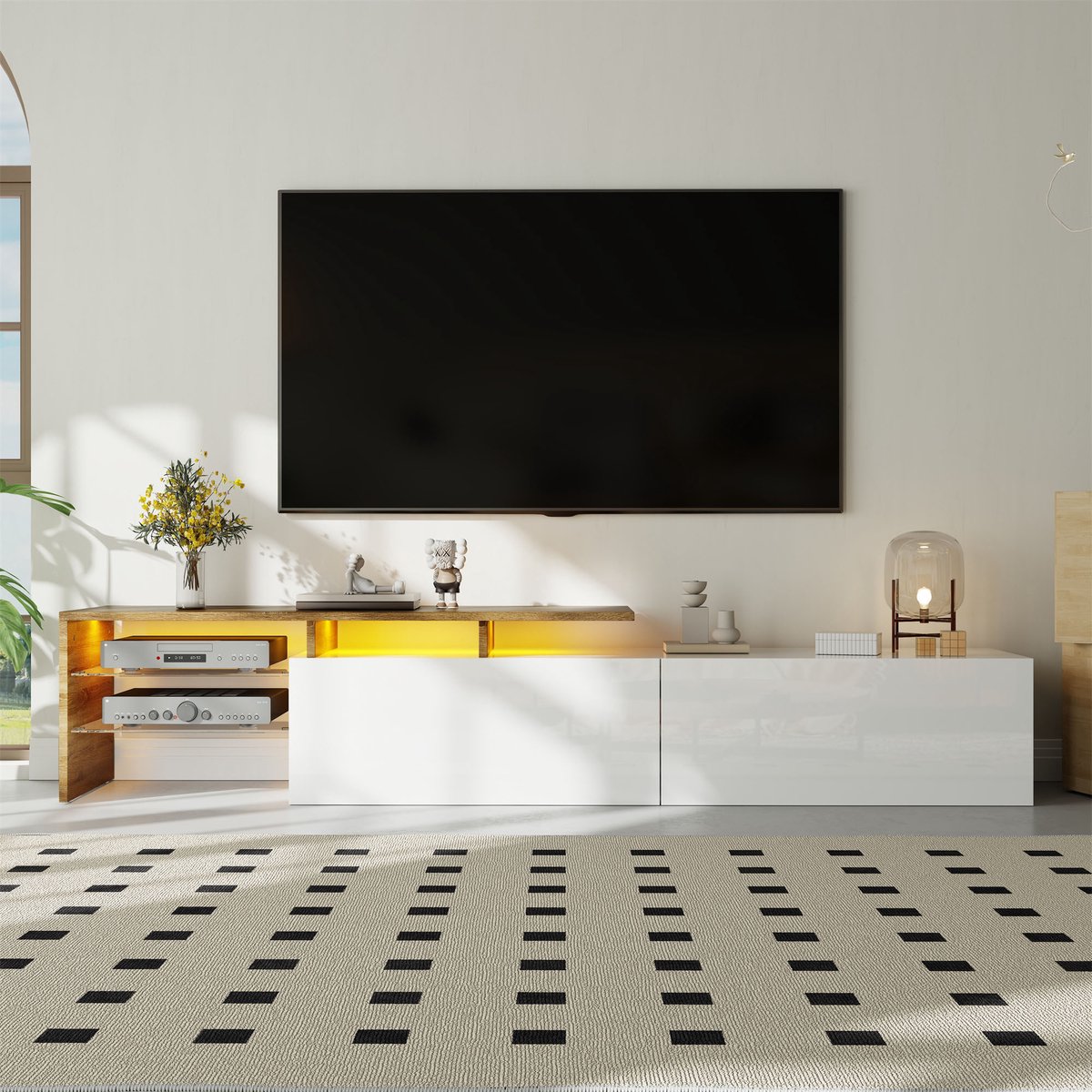 Wishdor Tv-Meubel - Hoogglans Afwerking - Opbergvakken - Glazen Planken - Led-Verlichting 16 Kleuren - Spaanplaat - Wit En Natuurlijk - 170 x 33 x 33,5 cm