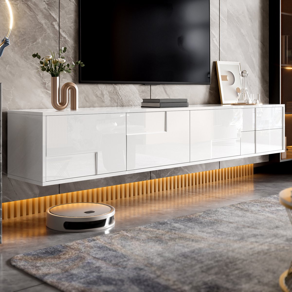 REDOM Lowboard - MDF - hoogglans afwerking - 170 L x 30 B x 30,5 H White Wit