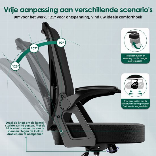 Hiaonyx Chaise de Bureau-Chaise de Bureau Ergonomique-Chaises de Bureau pour Adultes-Accoudoirs Pliants-Support Lombaire-Coussin d'assise épaissi et élargi- Zwart