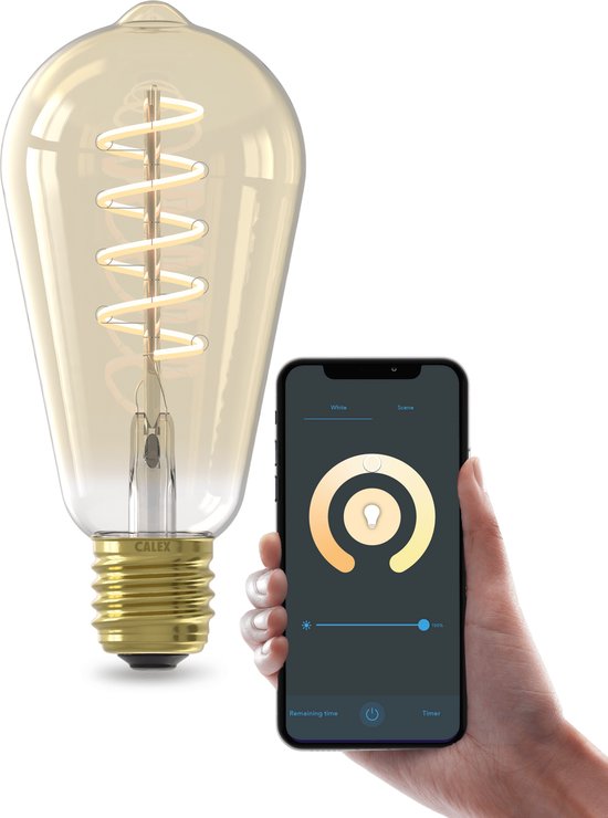 Gouden Edison-lamp met spiraalvormige gloeidraad, bediend met een smartphone.