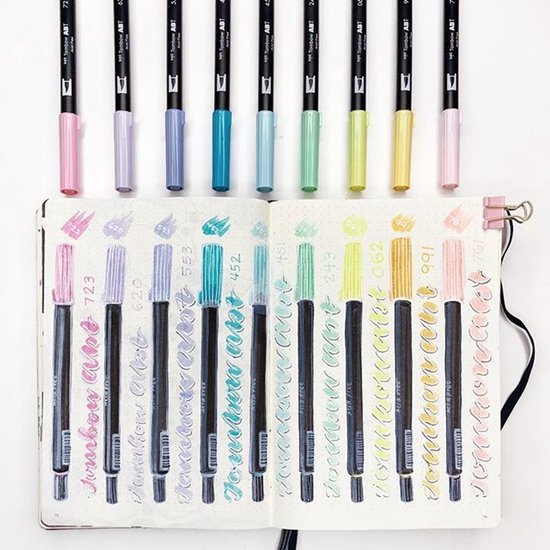 Twaalf Tombow ABT Dual Brush pennen in pastelkleuren, op een wit blad met geschreven tekst.