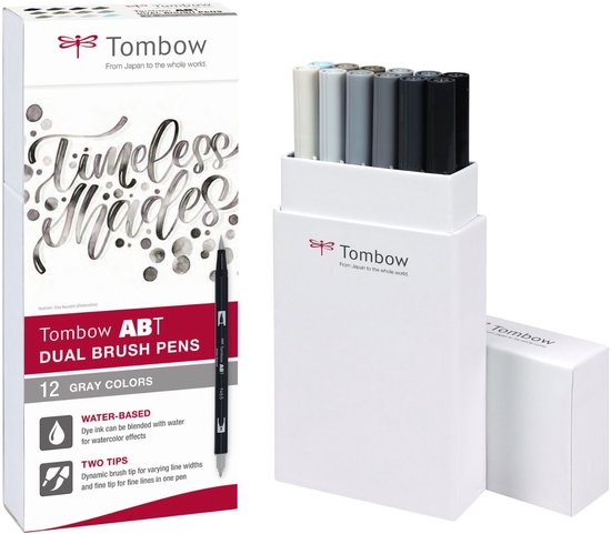 Tombow ABT dual-brush tekenpennen (set van 12) – grijze kleuren. Tijdelijk: 3 Tombow MONO tekenpennen cadeau