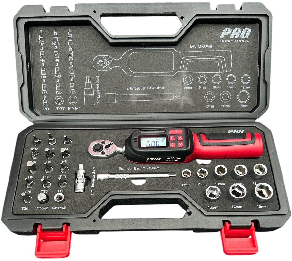 Momentsleutel Fiets 26-delig Set Digitaal 1,5-30 Nm 1/4" Momentsleutelset Digital