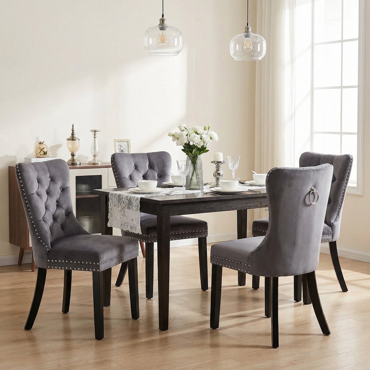 Puluomis Eetkamerstoelen - Set Van 4 - Grijs - Fluweel - Velvet - Massief houten poten - Stoel