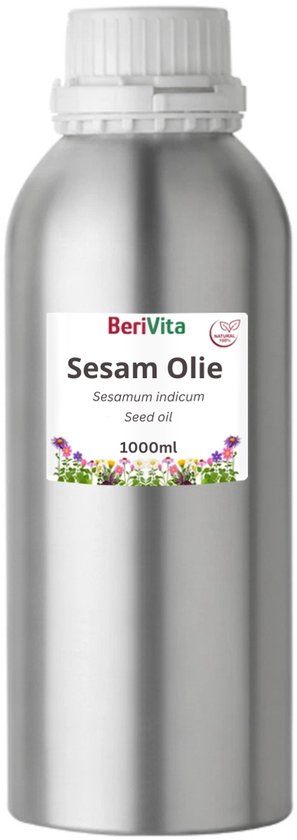 Zilverkleurige metalen fles met een wit label met 'Sesam Olie' en bloemen, 1000ml.