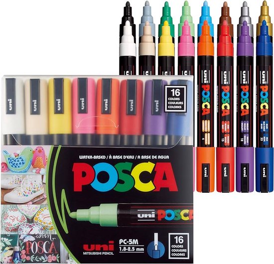 Posca verfstift PC-5M, set van 16 stuks in verschillende kleuren