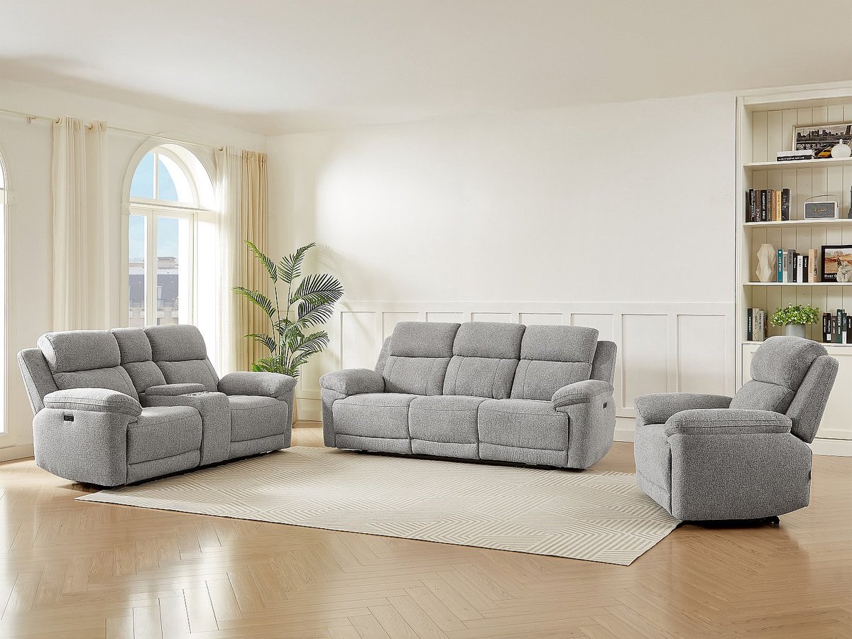Vente-unique Driezits- en tweezitsbank en een elektrische relaxfauteuil in gemêleerd grijs stof KELUNO