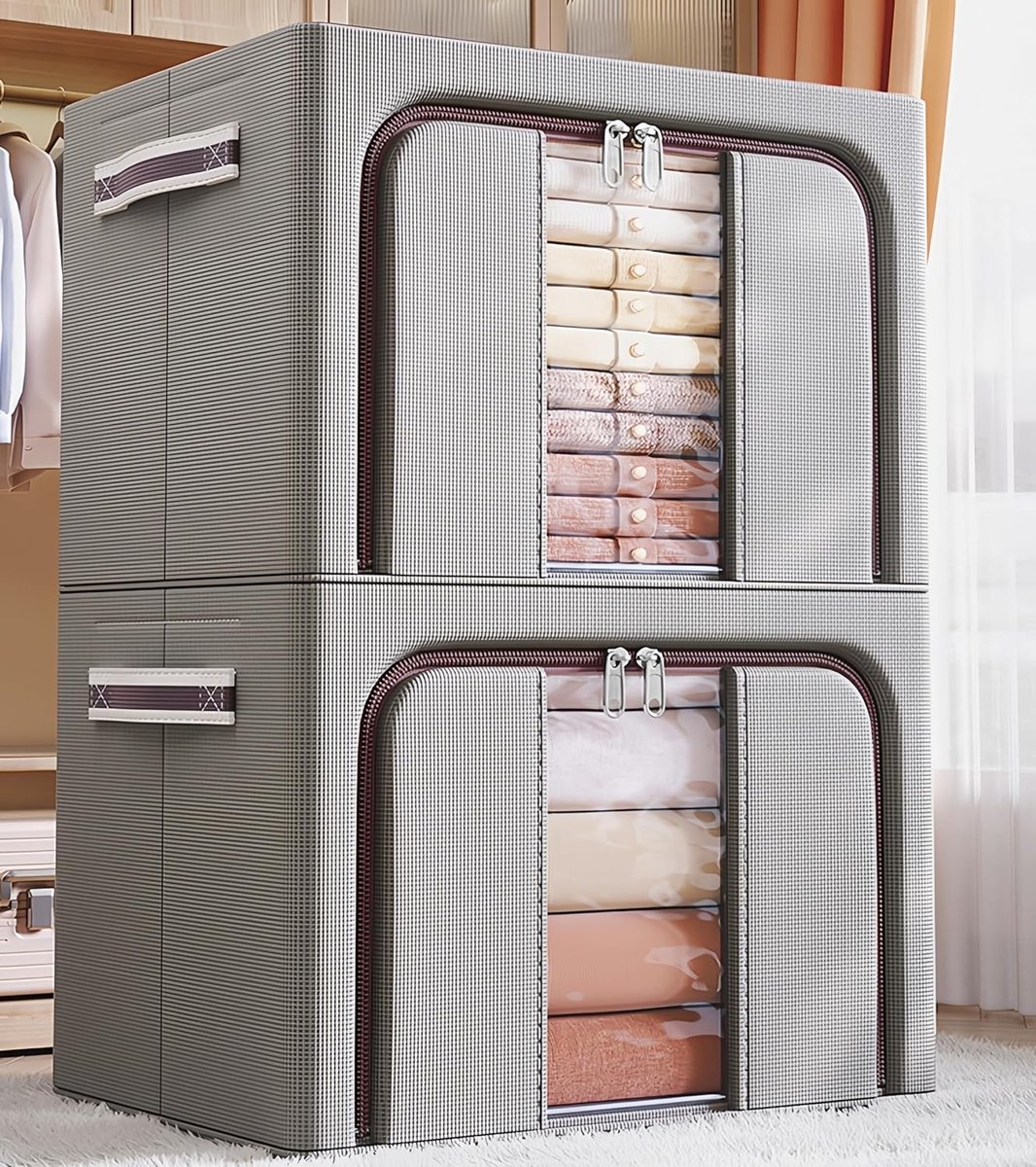 Famanu – Set van 2 Oxford stoffen opbergdozen met stalen frame en transparant venster