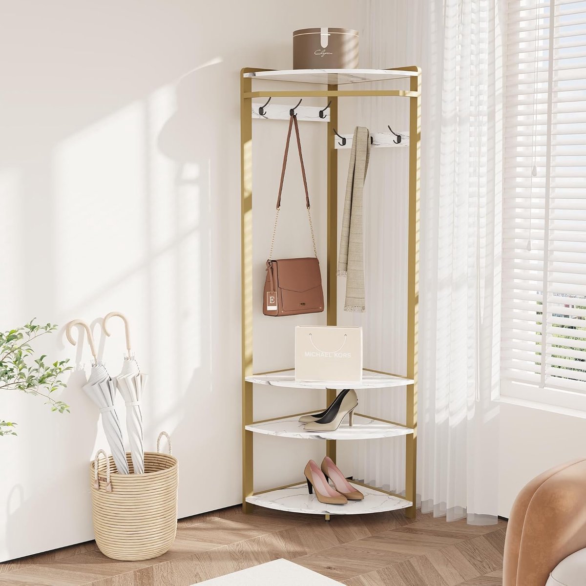 180 cm Metalen hoekkapstok 3-in-1 - Kapstok met 6 dubbele haken - kledingroede - schoenenrek & bovenplank - industrieel design - ruimtebesparend voor hal en gang - wit