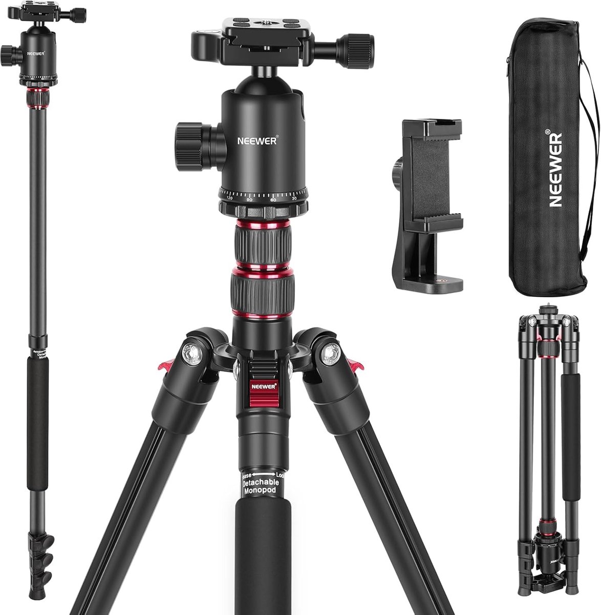 NEEWER 77" camerastatief Monopod voor DSLR, smartphone met 360° panoramische balhoofd, 2 assen middenkolom, Arca-type snelwisselplaat, tas, compact, aluminium, max. draagvermogen 34 lb, TP77