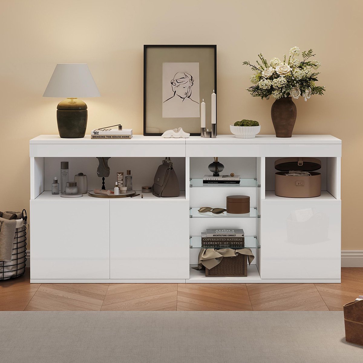 BLACKCOLORS 155,5*35*72 cm Salonkast, glanzende kast met LED, dressoirs met 3 deuren en 3 glazen wanden, eetkamerkast, brede vakken zonder handgrepen, bijzetmeubel voor bank, wit