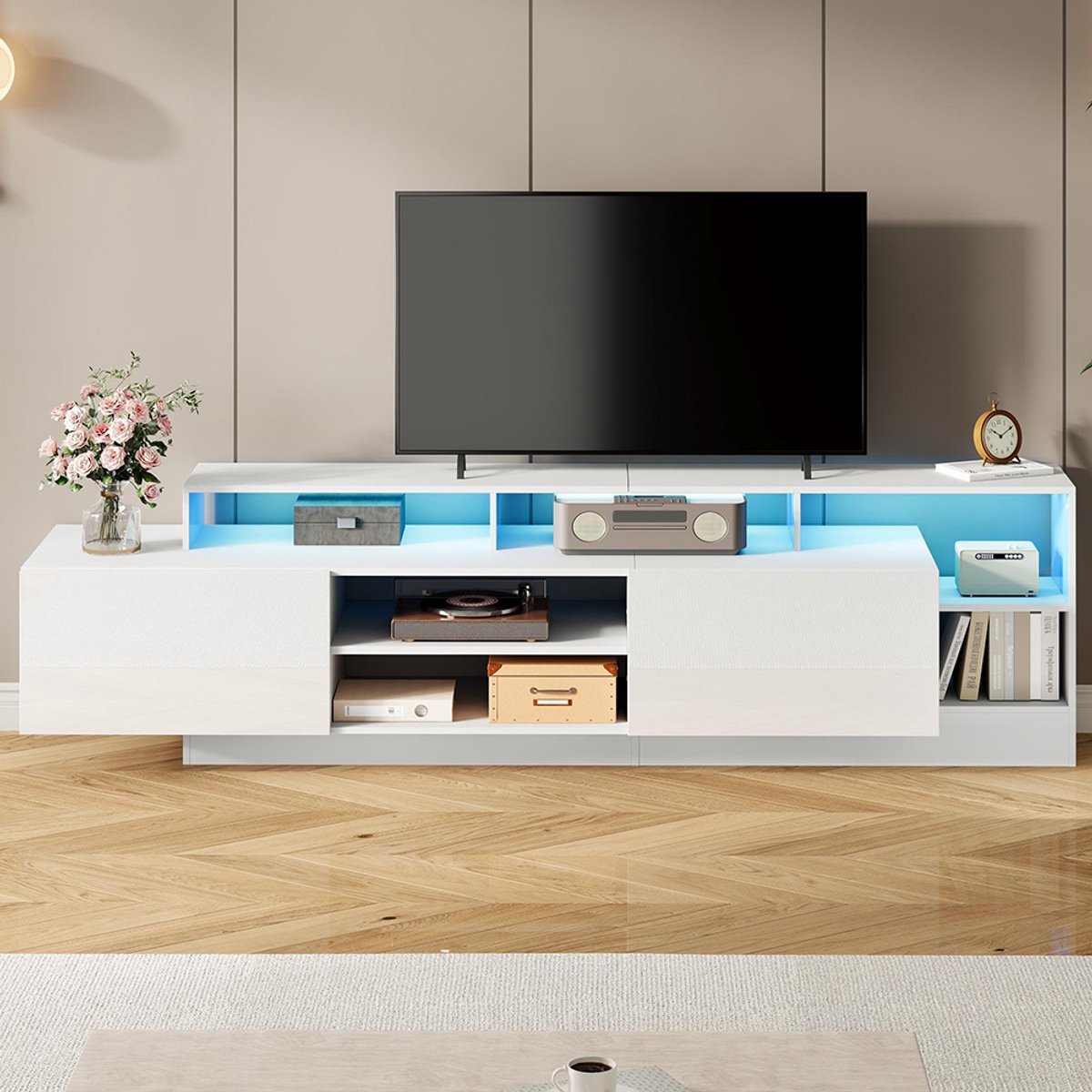 BLACKCOLORS Modern tv-meubel 190*40*48,5 cm voor tv's tot 70 inch, open opbergruimte met ledverlichting, geschikt voor slaapkamers en woonkamers, laag meubel met glanzend design, tv-meubel op poten