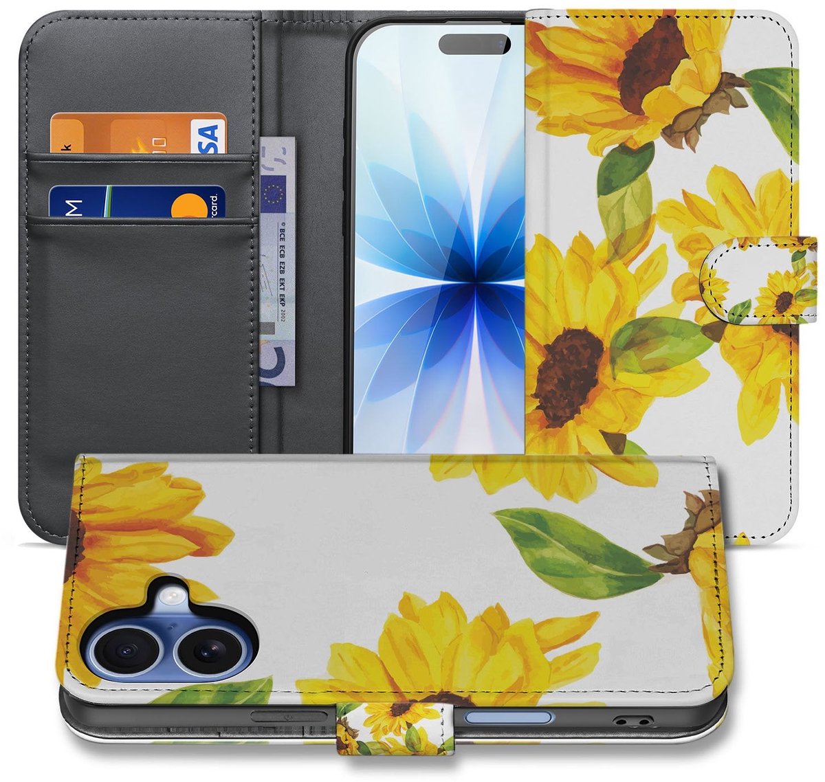Apple iPhone 17 Hoesje Zonnebloemen Wallet PU Leer 3 Pasjes