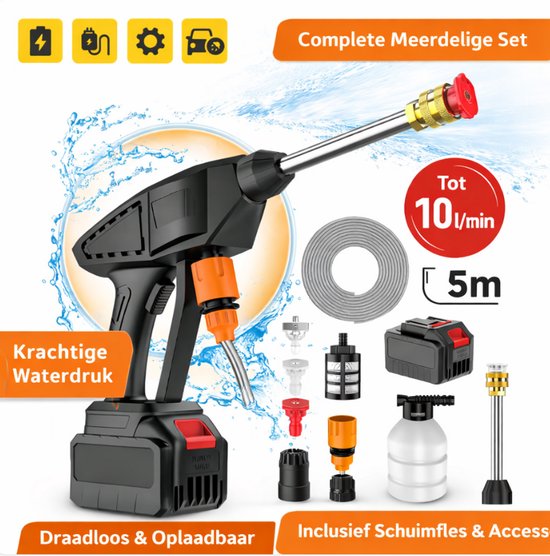 Draadloze hogedrukreiniger accu 20.000 rpm 10 l/min 2 sproeistanden schoonmaak auto tuin terras compact
