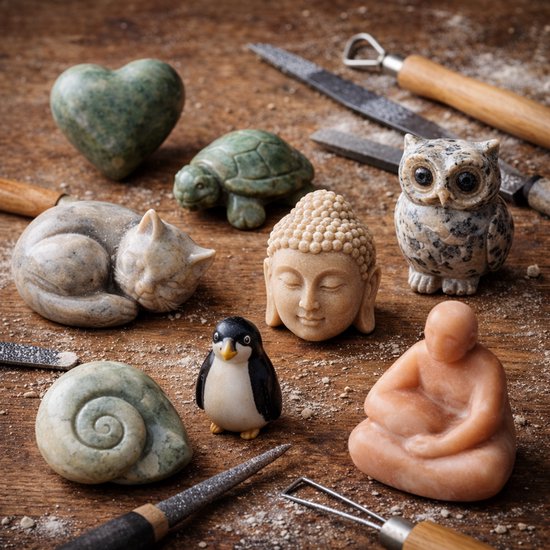Een verzameling stenen beeldjes: Hart, schildpad, kat, Buddha, pinguïn, slak, uil en mediterende figuur.