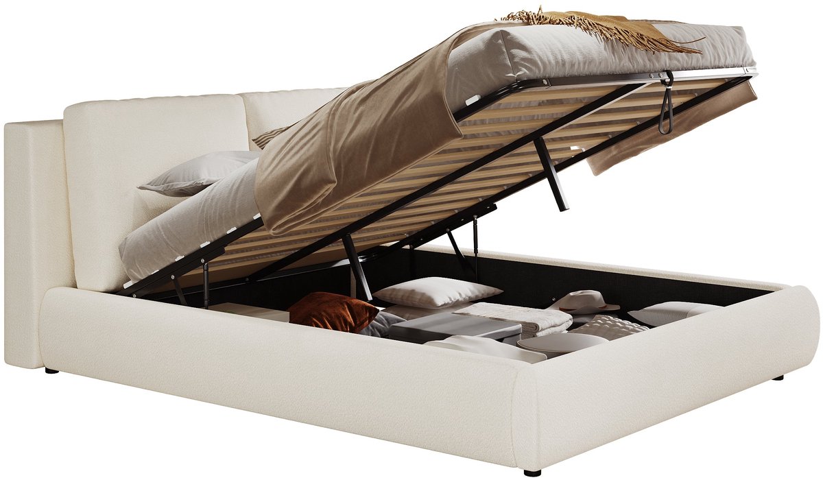 Merax Gestoffeerd Bed 180x200 cm - Bed met Opbergruimte - Hydraulisch Liftbed - Houten Lattenbodem Inbegrepen - Bouclé Look Beige - Zonder Matras
