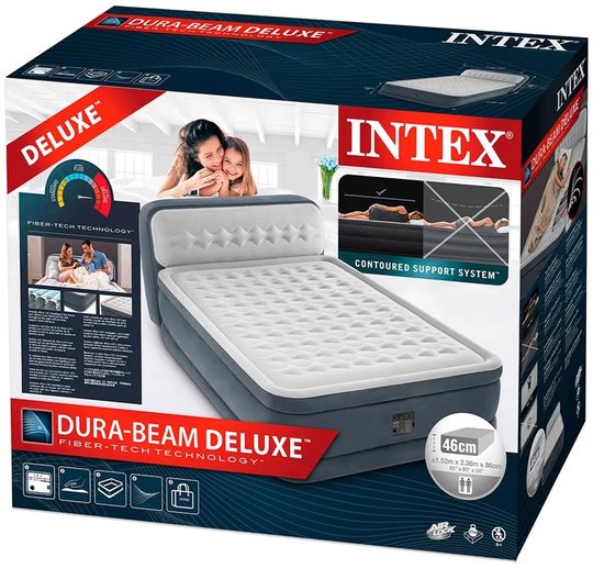 Doos van Intex Dura-Beam Deluxe luchtbed met hoofdbord, 203x152x46cm.