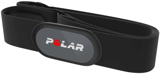 Zwarte Polar borstband met grijze sensor, witte opdruk "POLAR" met rode stip.