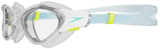 Zijaanzicht van de Speedo Biofuse 2.0 zwembril, met helder frame en blauwe band.