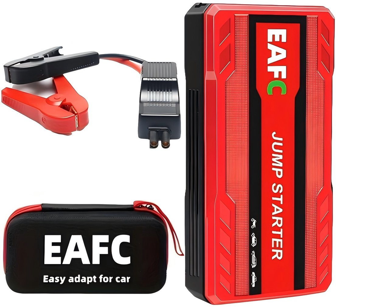 EAFC Jumpstarter 12V voor Auto – JC05 Mini 600A – Starthulp met Forcestart & Powerbank – Incl. Zaklamp & Opbergkoffer Rood