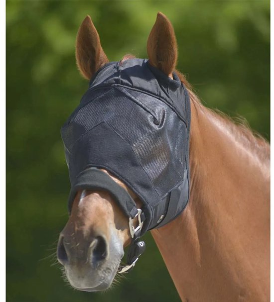 Bruin paard met een zwart vliegenmasker. Het masker bedekt de ogen en oren en heeft een gesp.