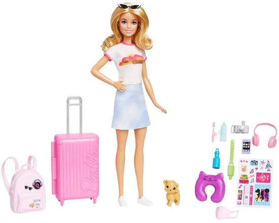 Barbie op reis - Barbiepop met roze koffer en reisaccessoires