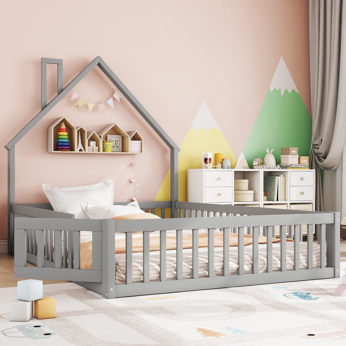 Kinderbed - 140x200 cm - Schoorsteenvorm - Met Lattenbodem en Frame - Grenenhout - Grijs