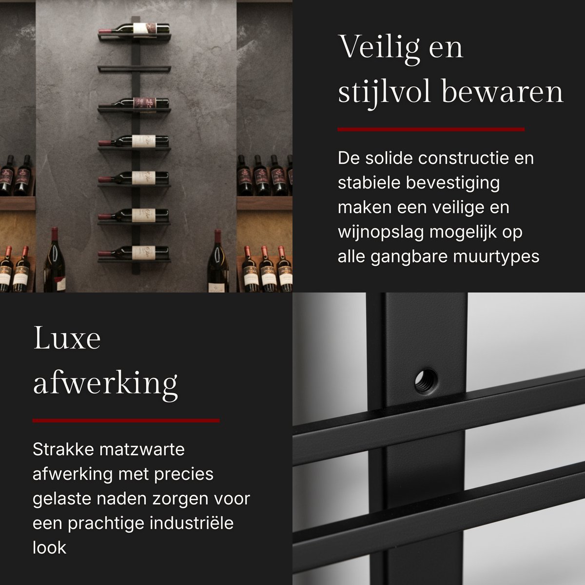 Mémoire® Réserve Wandwijnrek voor 6 Flessen – Luxe Wijnrek voor Aan de Muur – Stijlvolle Wijnopslag van Metaal – Verticale Wijnpresentatie – Ruimtebesparend Design – Perfect voor Woonkamer, Keuken en Wijnliefhebbers — cadeau in Wonen & Interieur - foto 4
