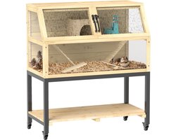 Hamsterkooi - Cavia kooi - Rattenkooi - Huisje - 3 Niveaus - Verwijderbare Lade - Met Voederstation - Zaag - Loopplank - Hutten - Hangbrug - Hout - 87B x 43D x 101H cm - Natuurhout