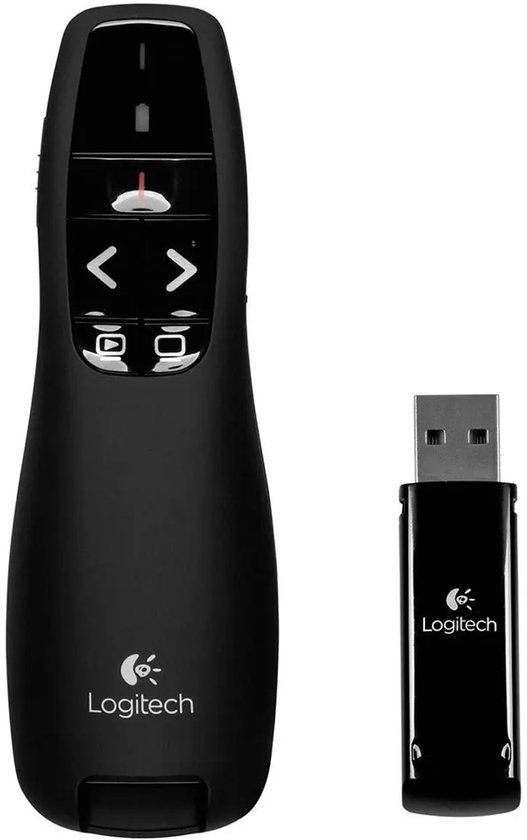 Zwarte Logitech R400 presenter met USB-ontvanger op witte achtergrond.