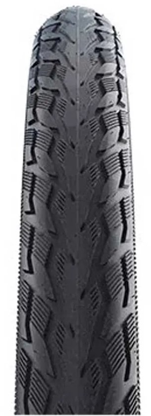 Zij-aanzicht van een zwarte Schwalbe Delta Cruiser Plus fietsband met een gedetailleerd profiel.