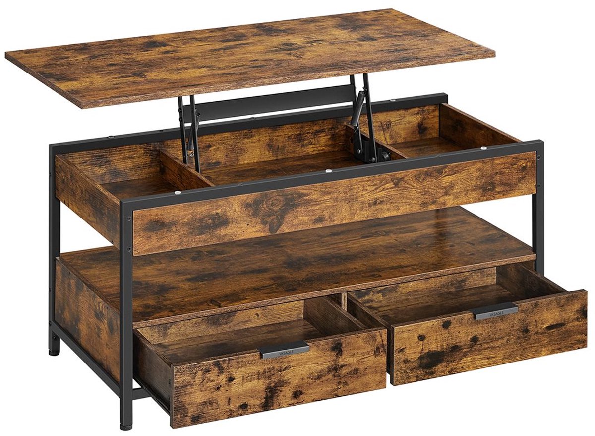 Furnstar Lift-Top Salontafel met Lades en Opbergvakken – Verstelbaar Blad – Industrieel – Rustiek Bruin/Zwart