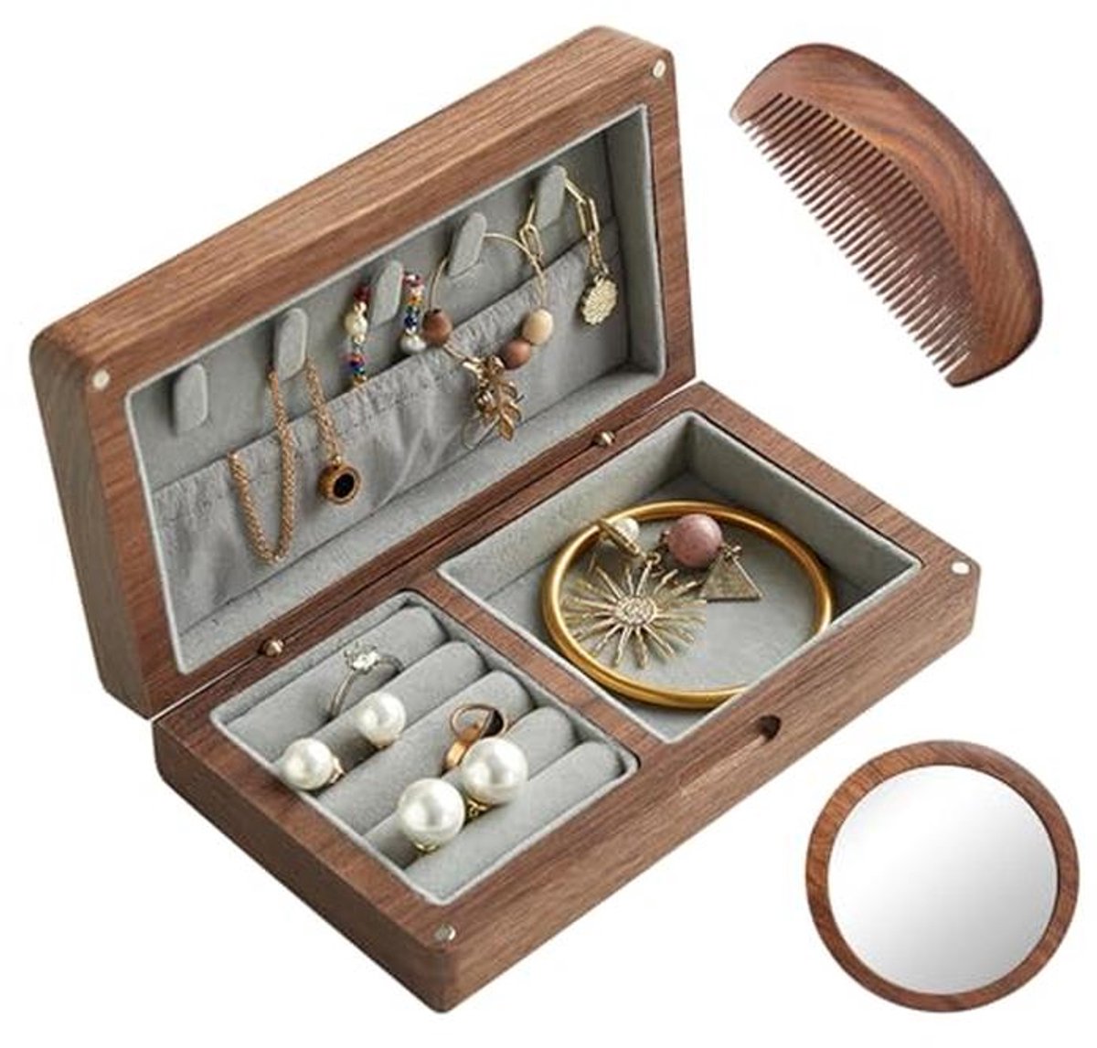 Set van 3 houten sieradenorganizers met spiegel en kam voor dames