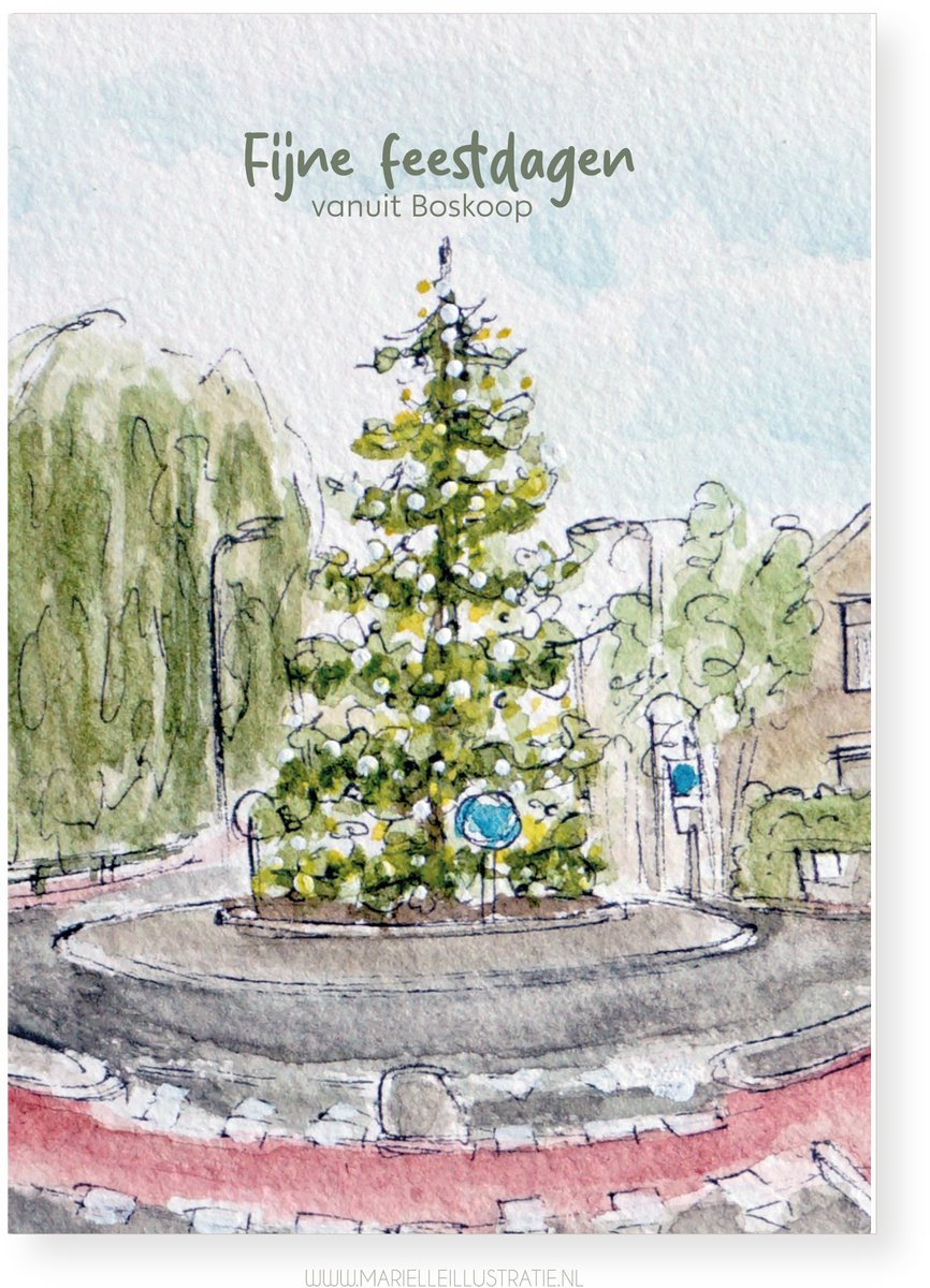 Fijne feestdagen vanuit Boskoop, kerstboom op de rotonde (zijde) op wenskaart 10x15cm