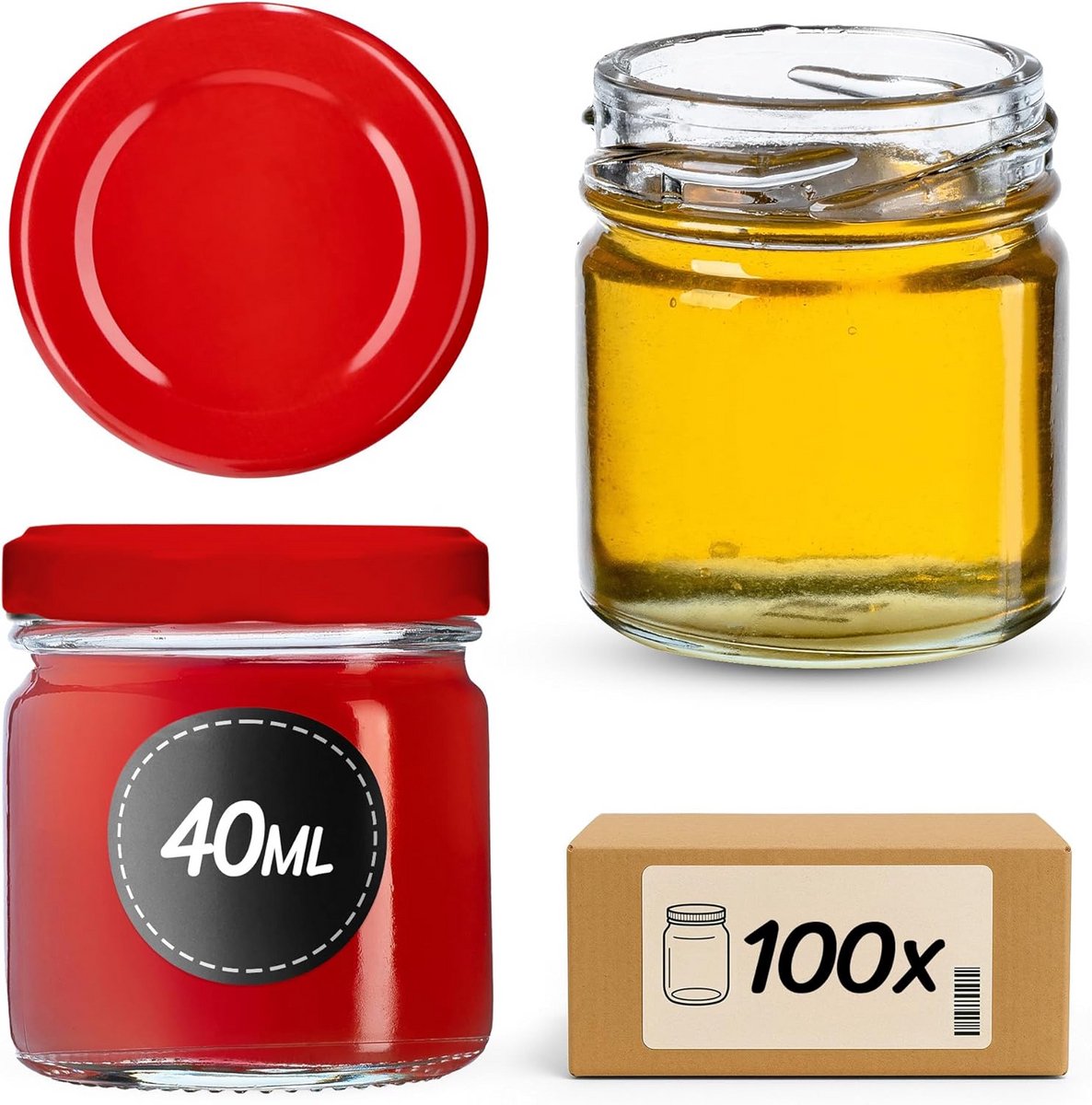 Mini Inmaakpotten Met Schroefdeksel - 40 ml, Set Van 100 Stuks, Rood Deksel