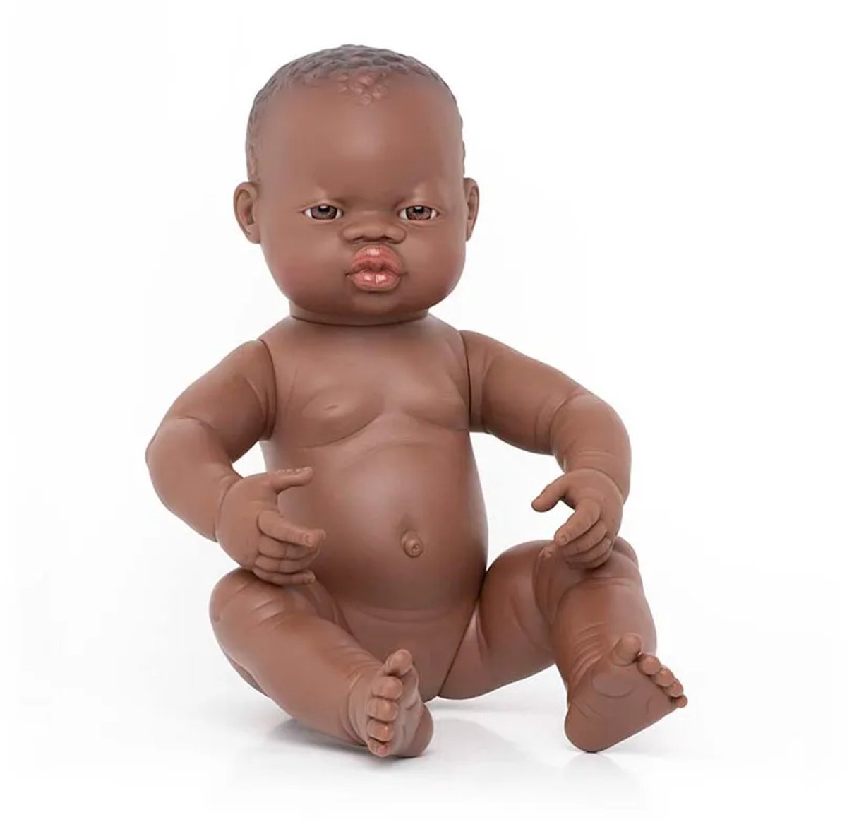 ML Poppen: BABYPOP AFRIKAANS MEISJE 40cm, met vanillegeur, waterdicht, anatomisch correct, in vinyl. Made in Spain, 10m+