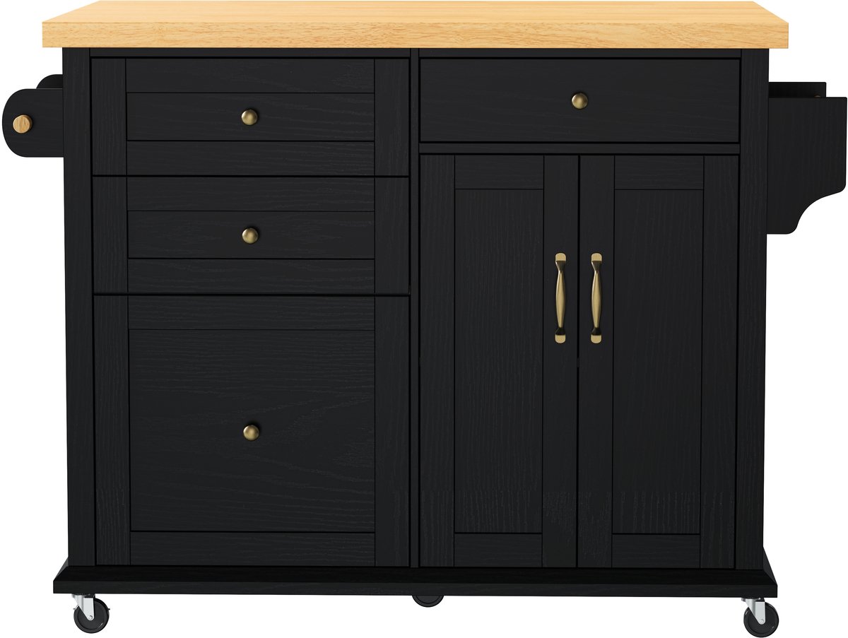 Mobiel Keukeneiland 107 cm - Met Uitklapbaar Werkblad (45→70 cm) - 5 Rollen (2 Met Rem) - Zwart/Wit Contrast