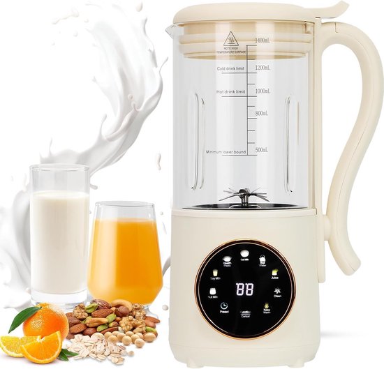 Sojamelkmachine, 1200 ml, automatische plantenmelkmaker, notenmelkmachine met roestvrij staal, geruisloos, voor zelfgemaakte plantaardige melk, haver, soja, zwarte sesam, melkvrije dranken (wit