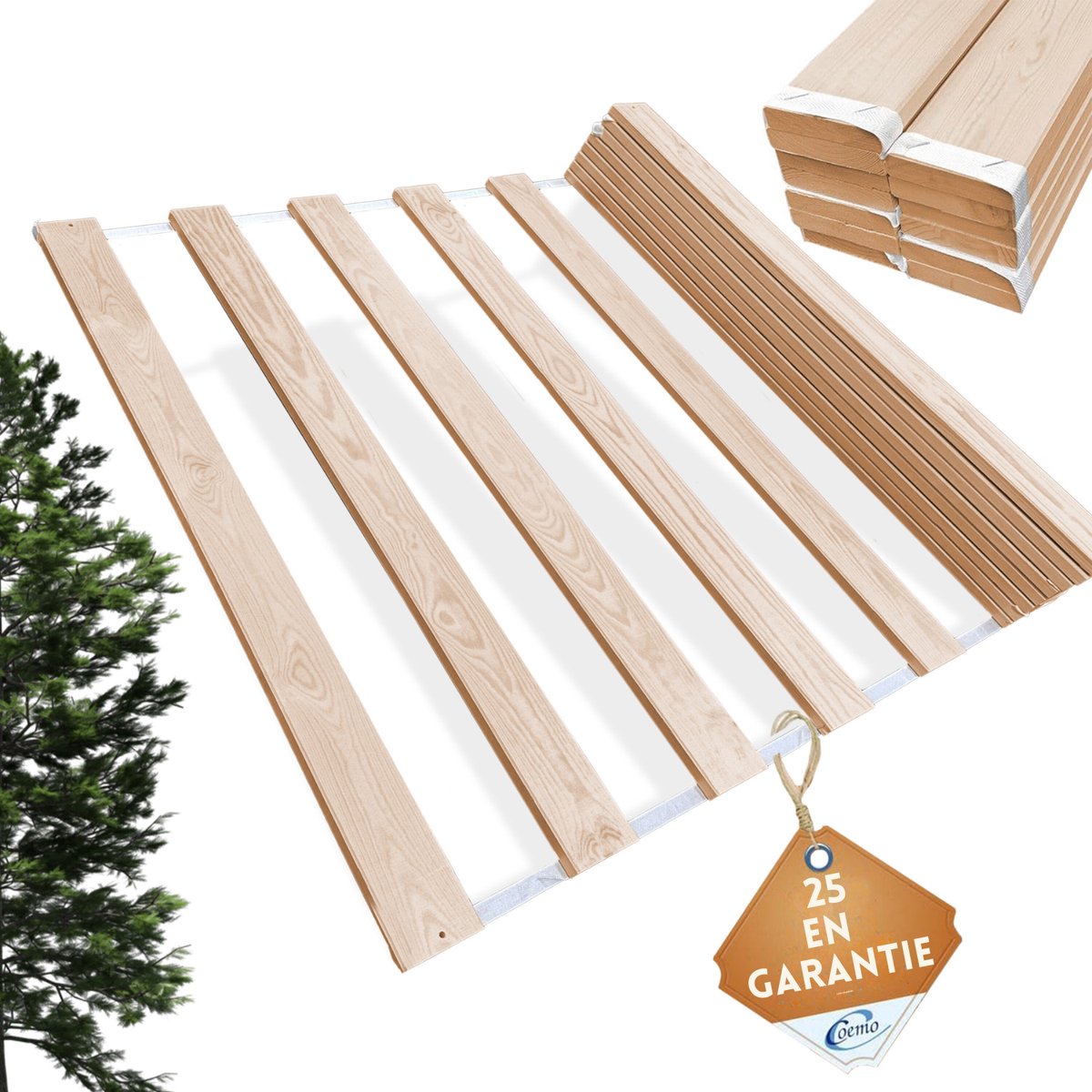 Coemo Lattenbodem Veno 120 x 200 cm – eenvoudig in het bedframe plaatsen – 13 latten – plat – max. 150 kg – hout – oprolbare lattenbodem Natur