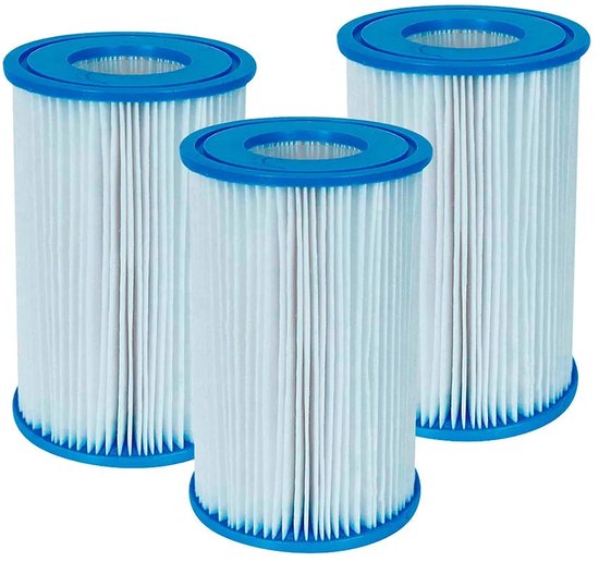 Drie witte Intex zwembadfilters met blauwe boven- en onderranden, rechtopstaand.