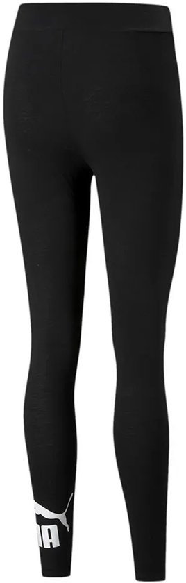 Achterkant van een zwarte dames PUMA-legging, met een PUMA-logo op de linker enkel.