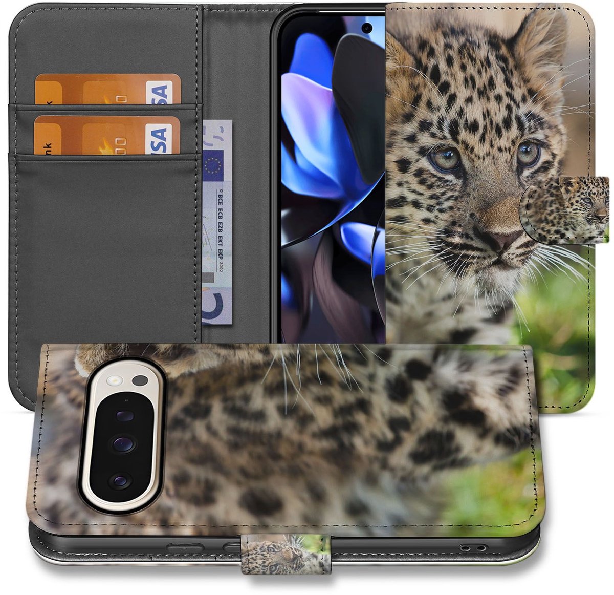 Elegant Google Pixel 10 Pro XL Book Case Hoesje met Pasjes in Baby Luipaard Design