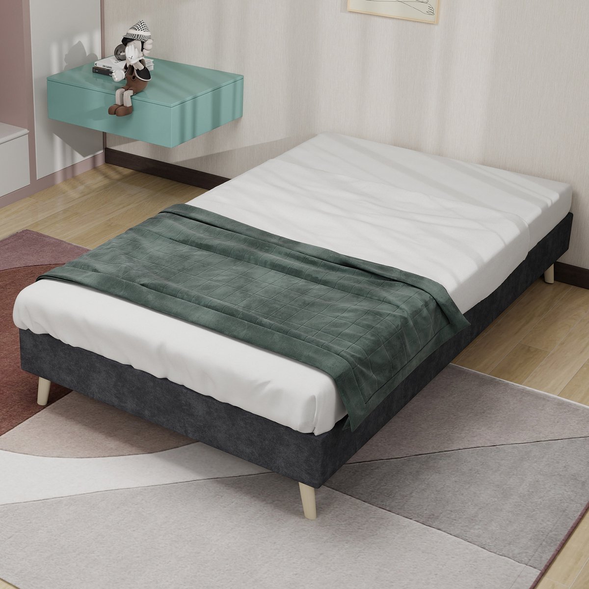 Eenpersoonsbedden - 90x200CM - Modern Minimalistisch Bedframe Lage Box - Velours - Grijs (