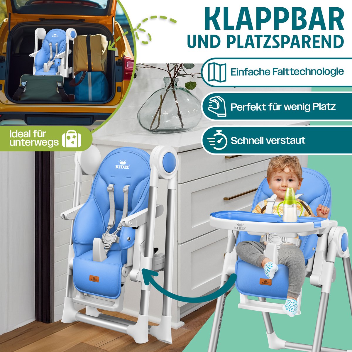 KIDIZ® 3in1 kinderstoel incl. speelbar, Eetstoel, Babystoel, combinatie kinderstoel, 7 in hoogte verstelbare rugleuning, meegroei van 0 maanden tot 6 jaar - Blauw thumbnail 2