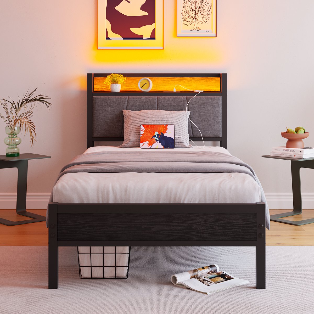 Clruro Bedframe - 90x200 cm - Hoofdbord met LED en USB - Stevige Lattenbodem - Metaal Zwart