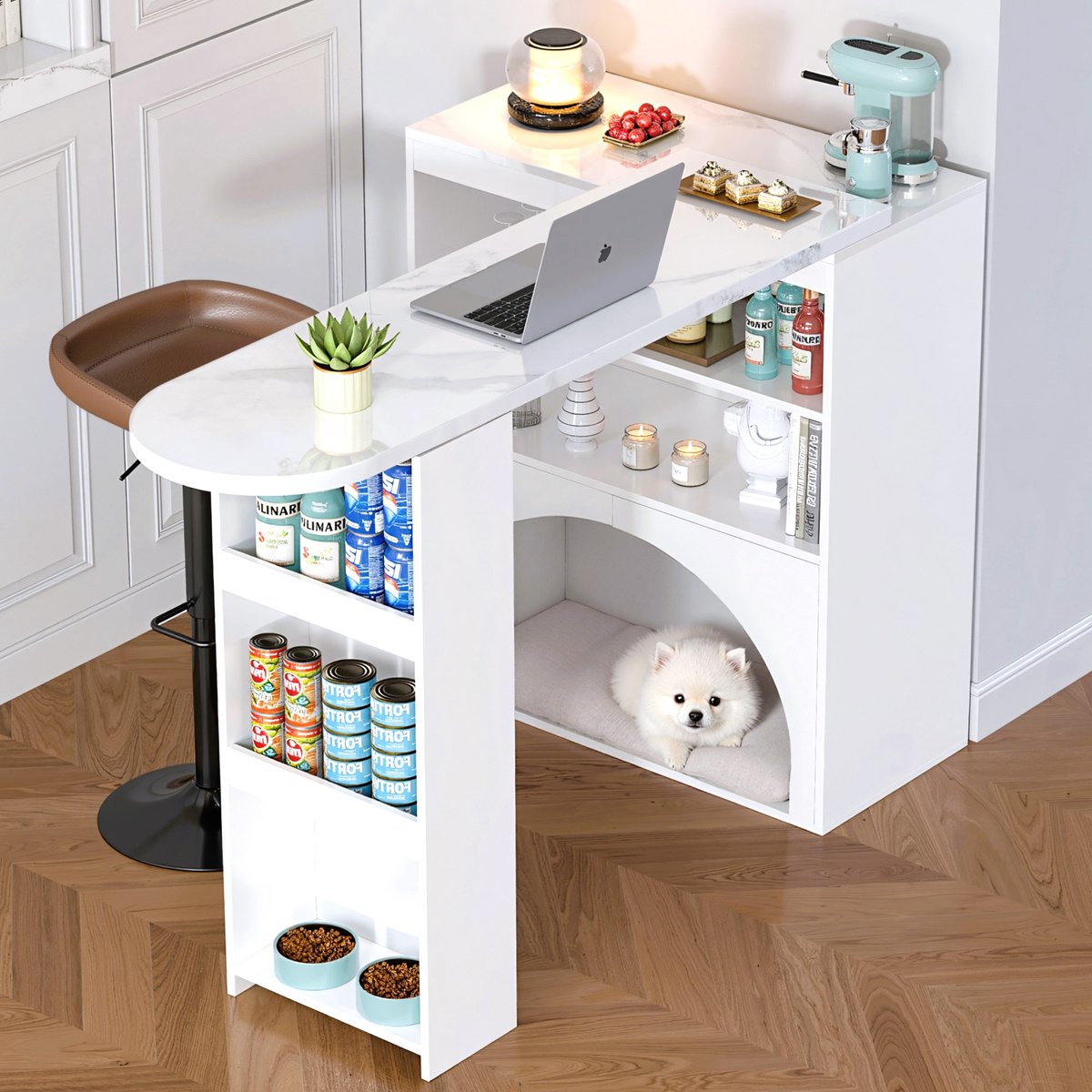 Uitklapbare Bartafel (120→180 cm) - Met Geïntegreerd Huisdierbed - Marmer Look Blad - Wit & Modern