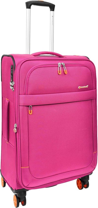 Roze koffer met twee oranje ritsen aan de voorkant, oranje accenten en oranje wielen.