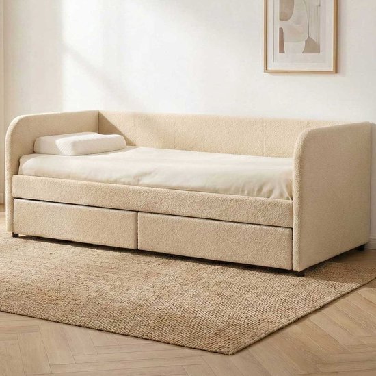 Kajuitbed Spector - 90 x 200 cm - Met opberglades - Beige teddystof - Emob Exclusive - Eenpersoons gestoffeerd bed - Beige - Stof; MDF Eenpersoons Normaal bed