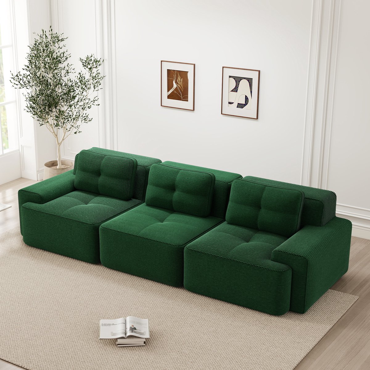 REDOM Modulaire bank van ribfluweel – 3-zits loungebank & slaapbank met diepe zit 74 cm –