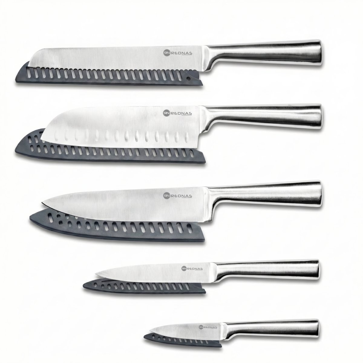 Pro Messenset 5-delig RVS – Professionele Keukenmessen Set met Beschermers – Incl. Broodmes, Koksmes, Universeelmes, Schilmes & Santokumes – Roestvrij Staal